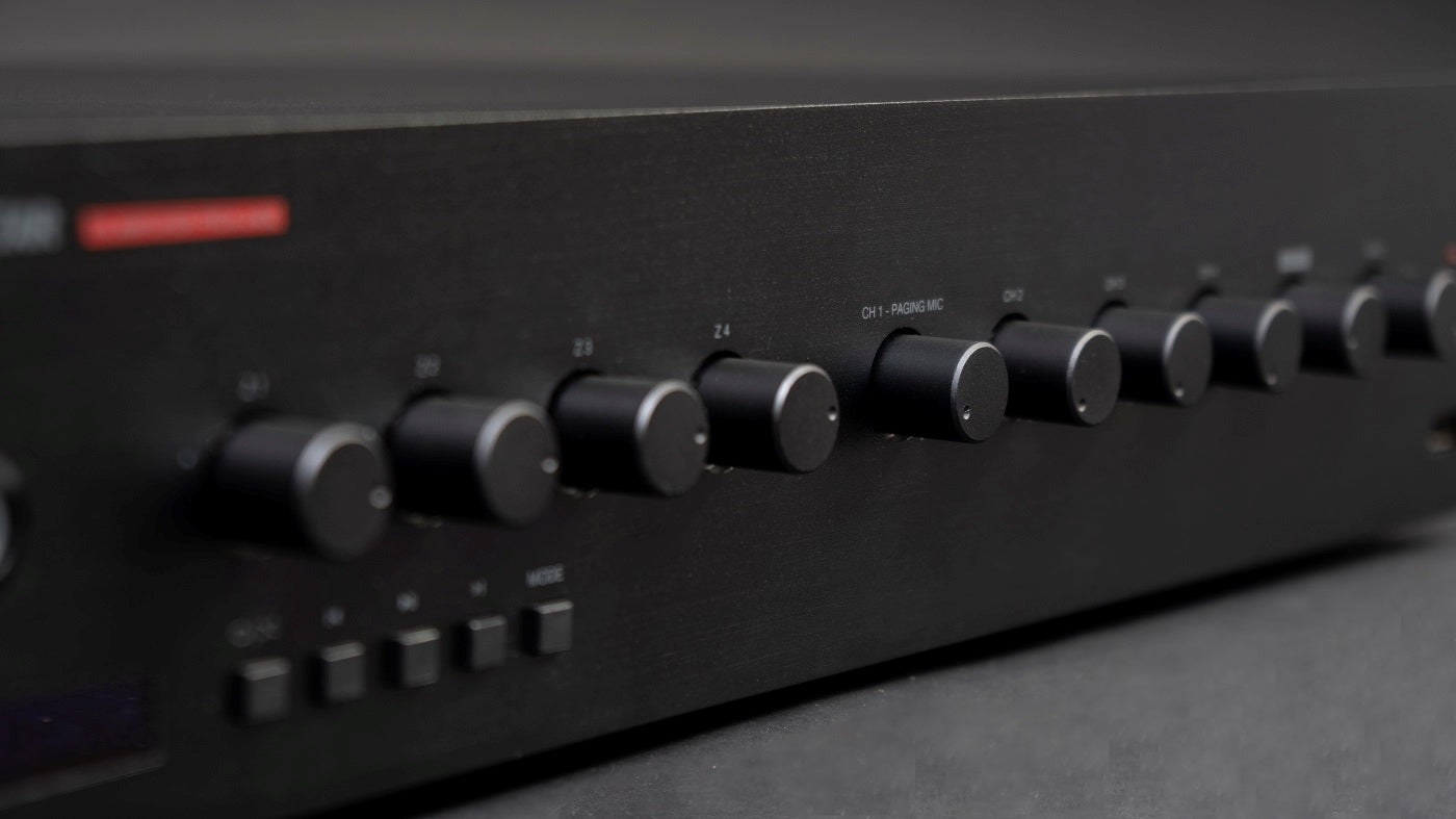 FONESTAR PROX-240Z 4-Zone 240W PA amplifier with Bluetooth®/USB/FM player and speaker zone selector.