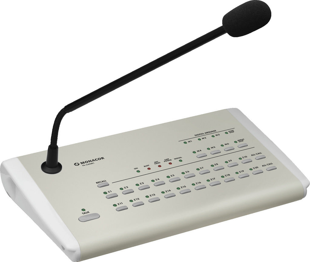 MONACOR PA-2400RC PA zone paging desktop microphone, for connection to PA-1120, PA-1240, PA-2420Z, PA-6010Z or PA-6020Z.
