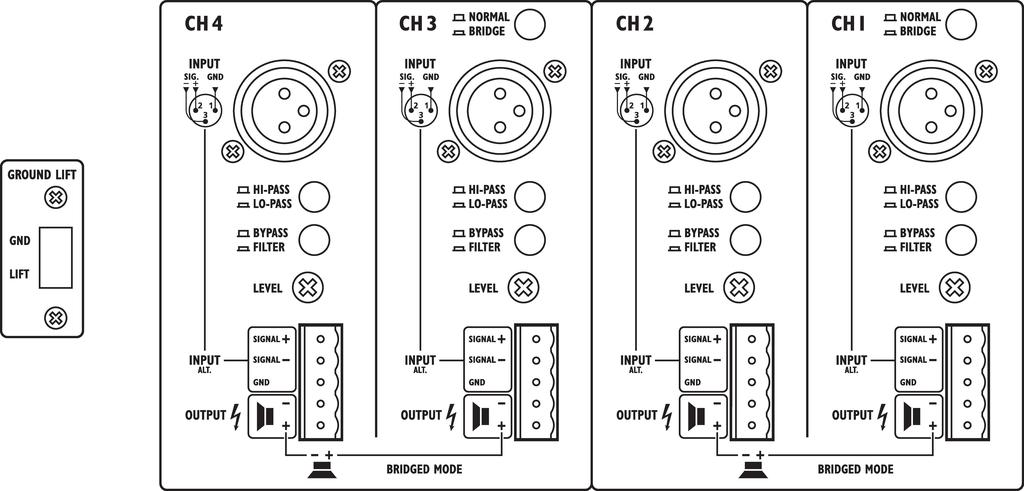 MONACOR STA-1504 4-channel PA amplifier, with integrated limiter