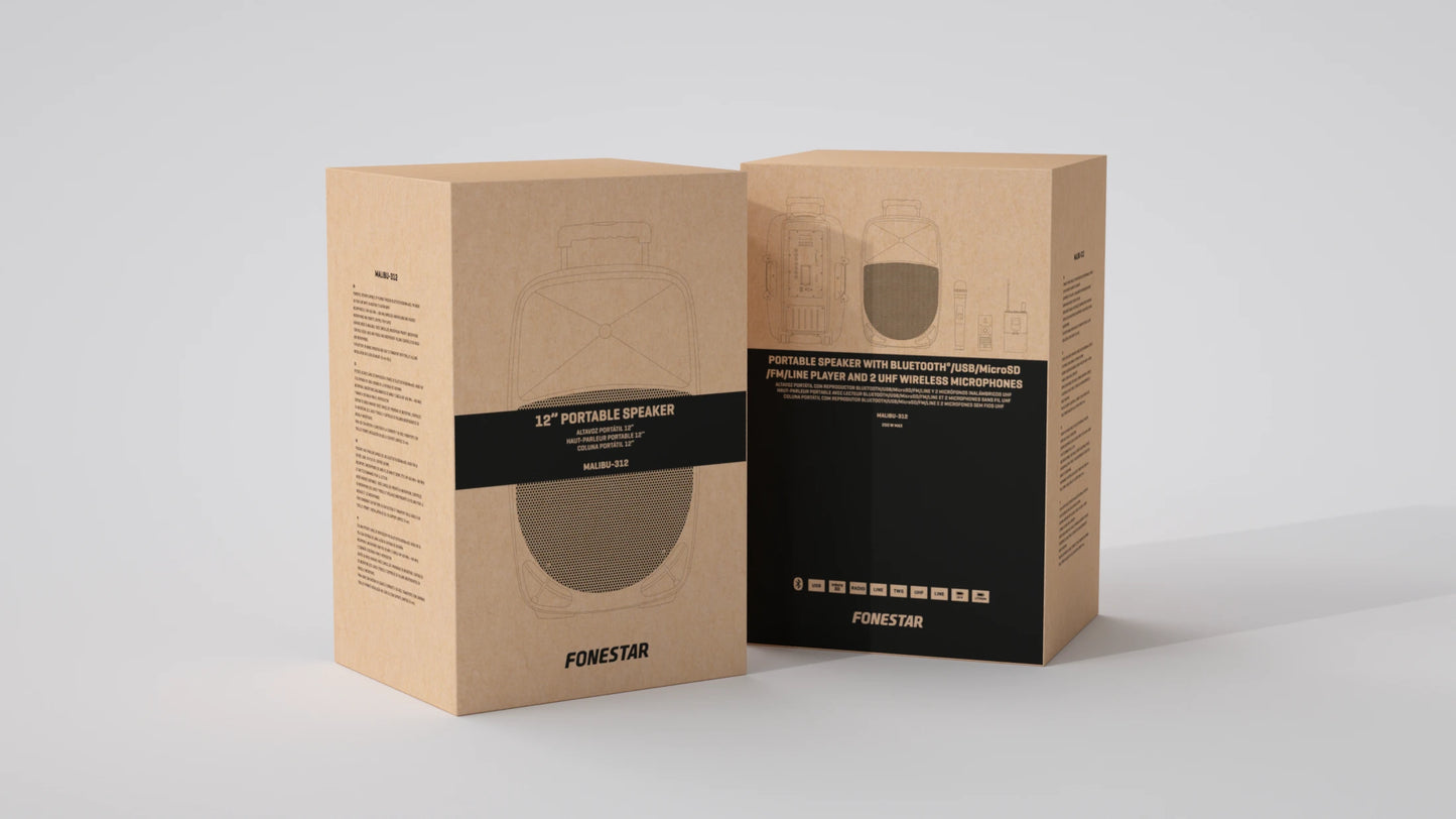 FONESTAR MALIBU-312 12” Portable PA with 2 x UHF Mics (1 HH + 1 HS). Premium Features inc TWS + Voice Canceller