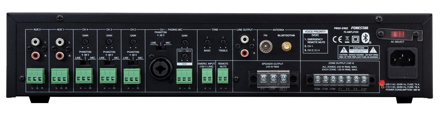 FONESTAR PROX-240Z 4-Zone 240W PA amplifier with Bluetooth®/USB/FM player and speaker zone selector.