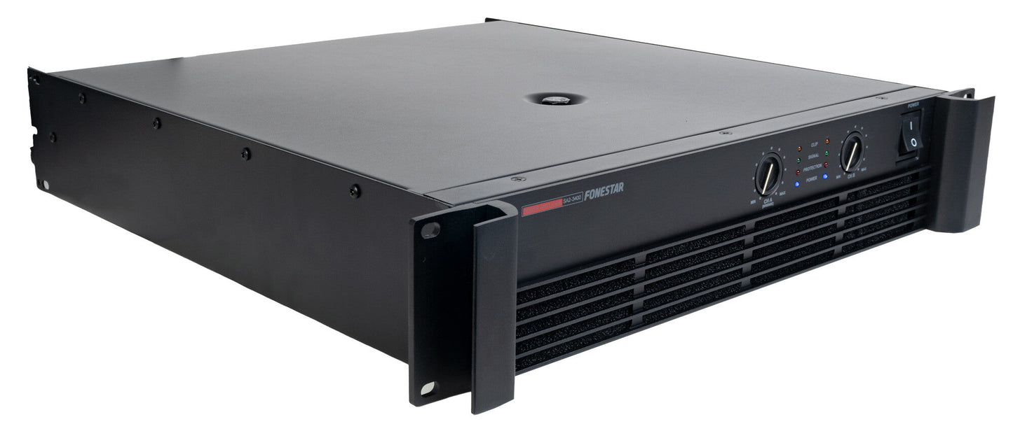 FONESTAR SA2-3400 Professional stereo power amplifier. Stereo and parallel up to 1,700 + 1,700 W RMS@2Ω  Bridge mode up to 3.400 W RMS@4Ω