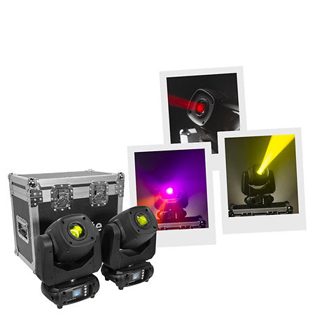 EVOLITE EVOSPOT100-CRSET 2-Pack Spot Moving Head delivered in a flight case.