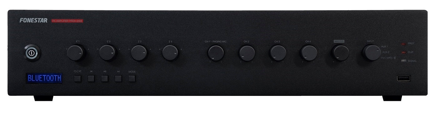 FONESTAR PROX-240Z 4-Zone 240W PA amplifier with Bluetooth®/USB/FM player and speaker zone selector.
