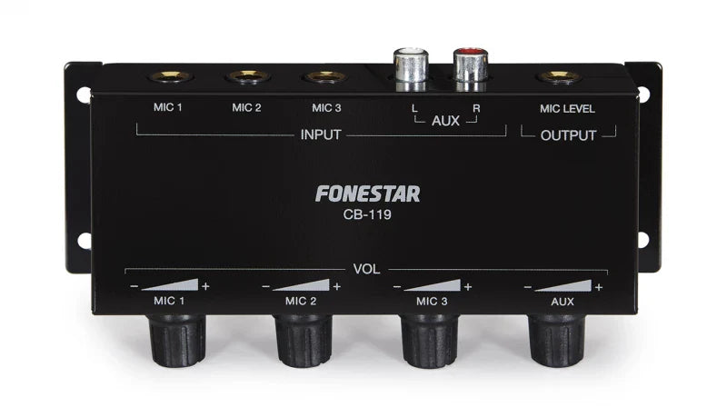 FONESTAR CB-119 Fonestar Passive mono mixer with 3 microphone inputs and 1 auxiliary input. MIC level output for connection to 1 microphone input.