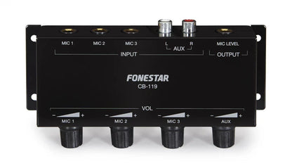 FONESTAR CB-119 Fonestar Passive mono mixer with 3 microphone inputs and 1 auxiliary input. MIC level output for connection to 1 microphone input.