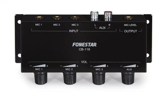 FONESTAR CB-119 Fonestar Passive mono mixer with 3 microphone inputs and 1 auxiliary input. MIC level output for connection to 1 microphone input.