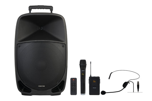 FONESTAR MALIBU-315 15” Portable PA with 2 x UHF Mics (1 HH + 1 HS). Premium Features inc TWS + Voice Cancelle