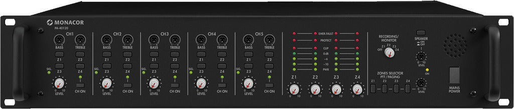 MONACOR PA-40120 4-zone mono mixing amplifier, with 4 active 120W outputs, for setting up a multi-zone PA system
