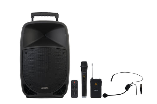 FONESTAR MALIBU-312 12” Portable PA with 2 x UHF Mics (1 HH + 1 HS).  Premium Features inc TWS + Voice Canceller