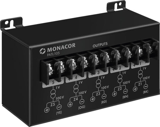 MONACOR PATL-105 5-way 100 V transformer, for connecting a 100 V audio signal source to devices with line inputs