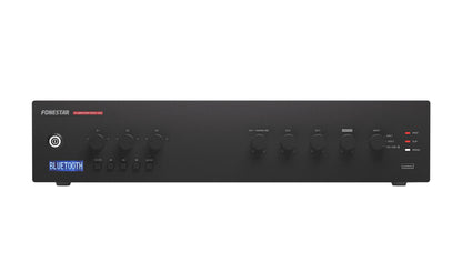 FONESTAR PROX-120Z 3-Zone 120W PA amplifier with Bluetooth®/USB/FM player and speaker zone selector.