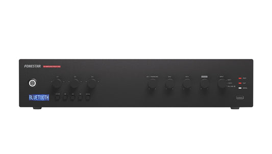 FONESTAR PROX-120Z 3-Zone 120W PA amplifier with Bluetooth®/USB/FM player and speaker zone selector.