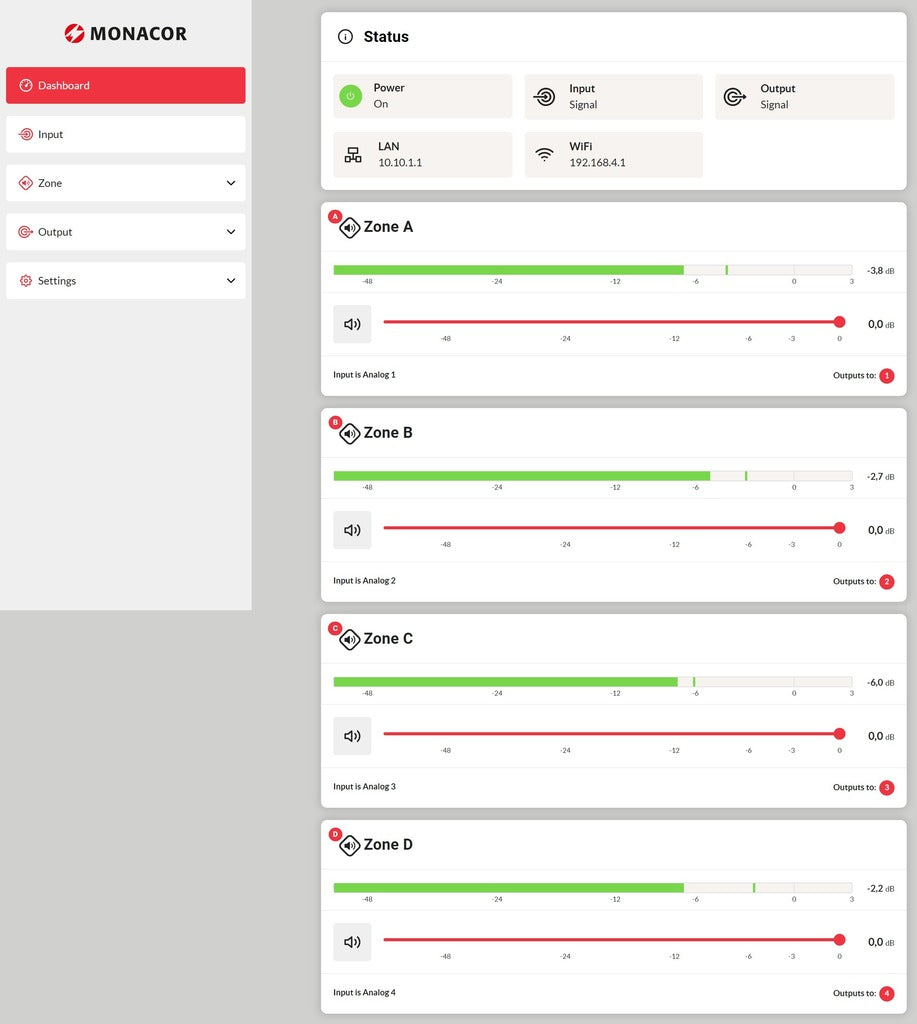 MONACOR PA-4125DX/DT 4-zone multi-functional mixing amplifier with Dante