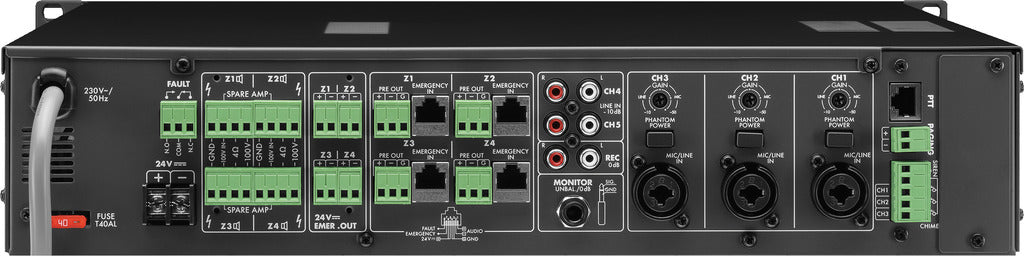 MONACOR PA-40120 4-zone mono mixing amplifier, with 4 active 120W outputs, for setting up a multi-zone PA system