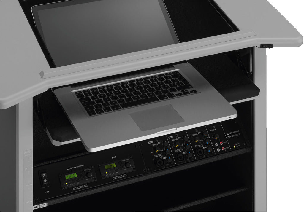 MONACOR SPEECH-500/GR Professional lectern with electric height adjustment and integrated wireless amplifier system