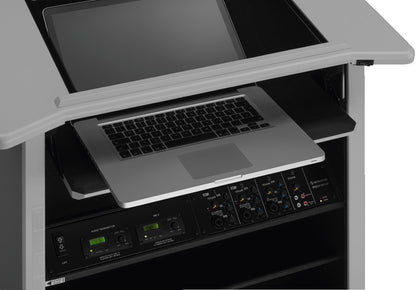 MONACOR SPEECH-500/GR Professional lectern with electric height adjustment and integrated wireless amplifier system