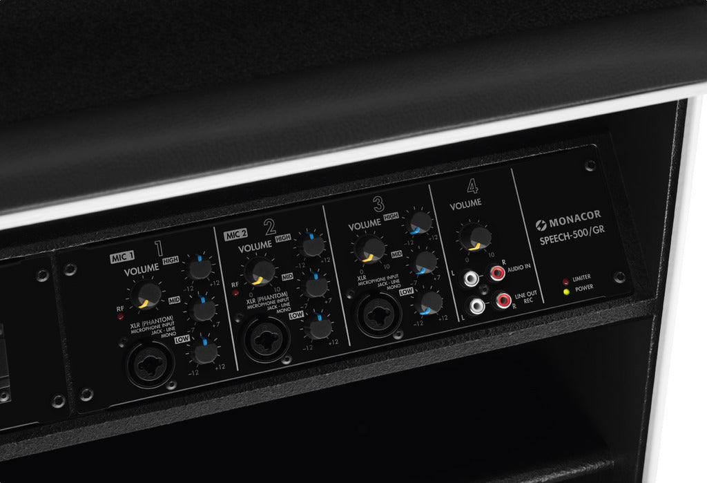 MONACOR SPEECH-500/GR Professional lectern with electric height adjustment and integrated wireless amplifier system