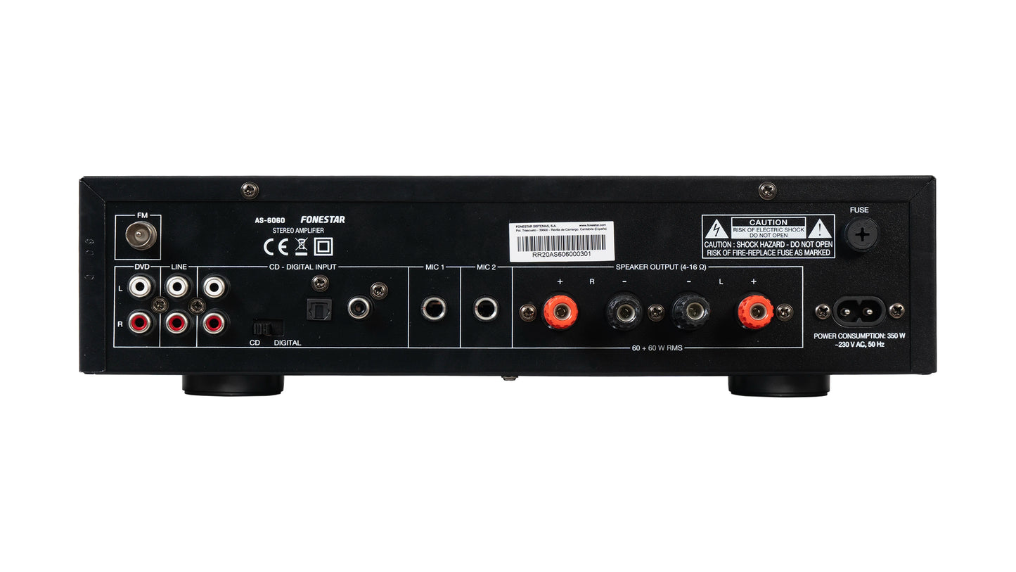 FONESTAR AS-6060 2 x 60W RMS Hi-Fi stereo amplifier with Bluetooth, USB, FM Radio , Digital Audio Input and Remote