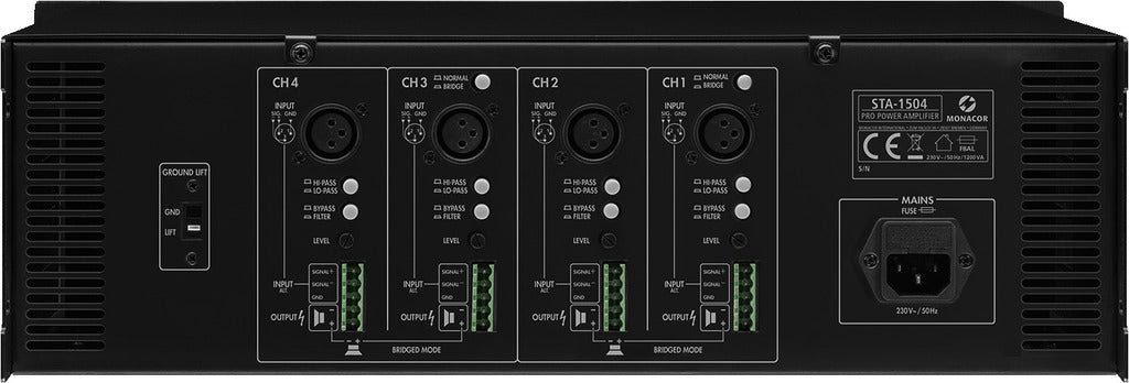MONACOR STA-1504 4-channel PA amplifier, with integrated limiter