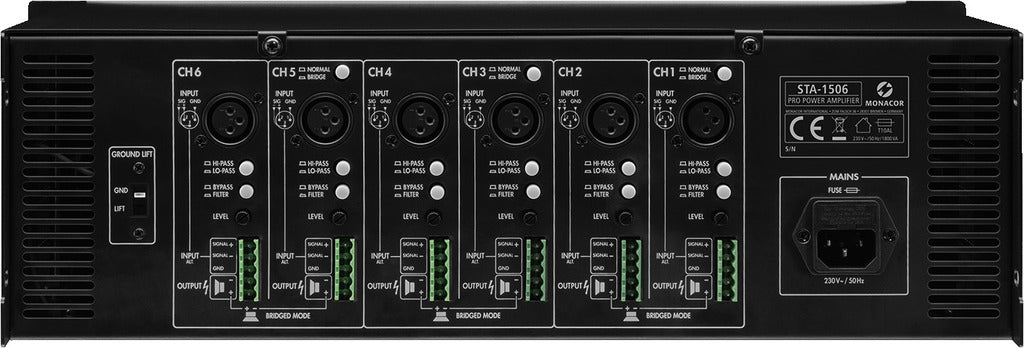MONACOR STA-1506 6-channel PA amplifier, with integrated limiter