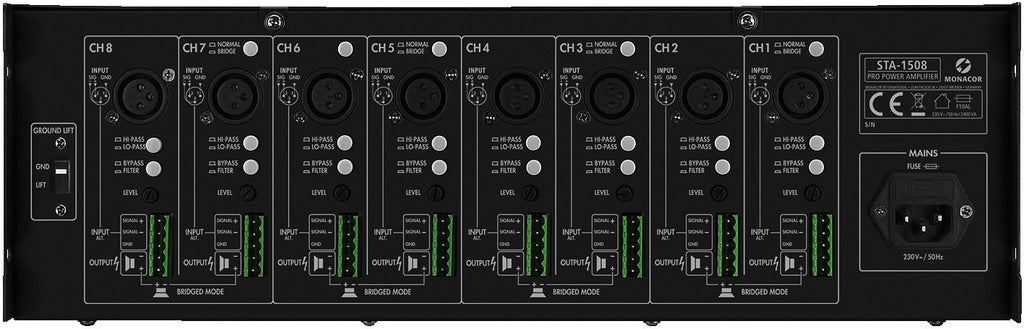 MONACOR STA-1508 8-channel PA amplifier, with integrated limiter