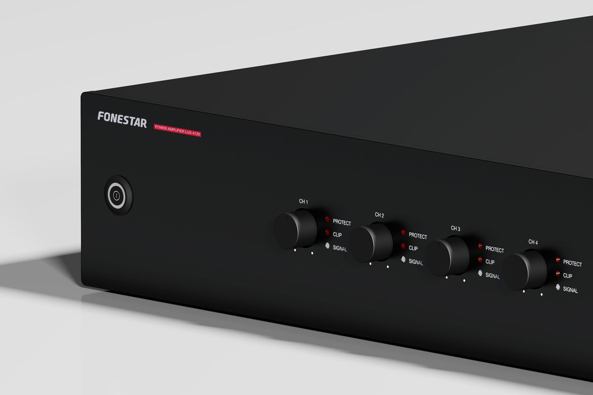 FONESTAR LUX-4120 4 x 120W RMS low impedance digital power amplifier - front panel controls close-up