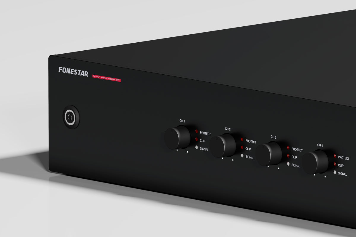 FONESTAR LUX-4200 4 x 200W RMS low impedance digital power amplifier - front panel controls close-up