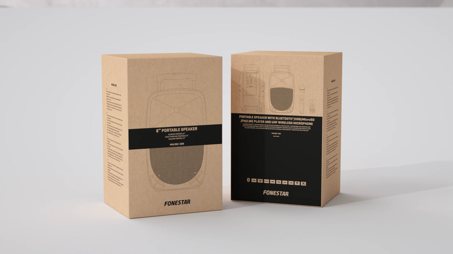 FONESTAR MALIBU-308 8” Portable PA with UHF Handheld Mic . Premium Features inc TWS + Voice Canceller