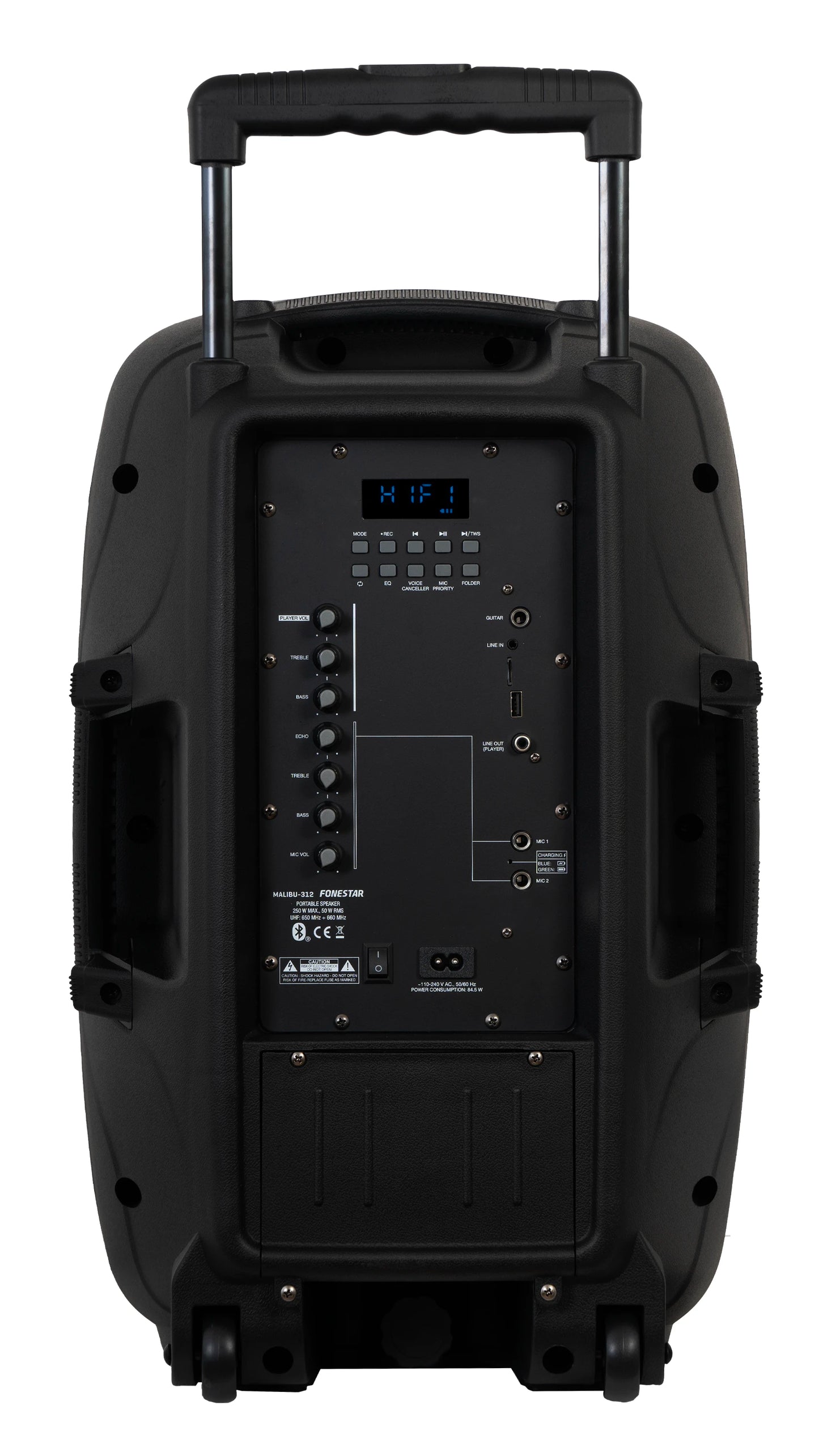FONESTAR MALIBU-312 12” Portable PA with 2 x UHF Mics (1 HH + 1 HS).  Premium Features inc TWS + Voice Canceller