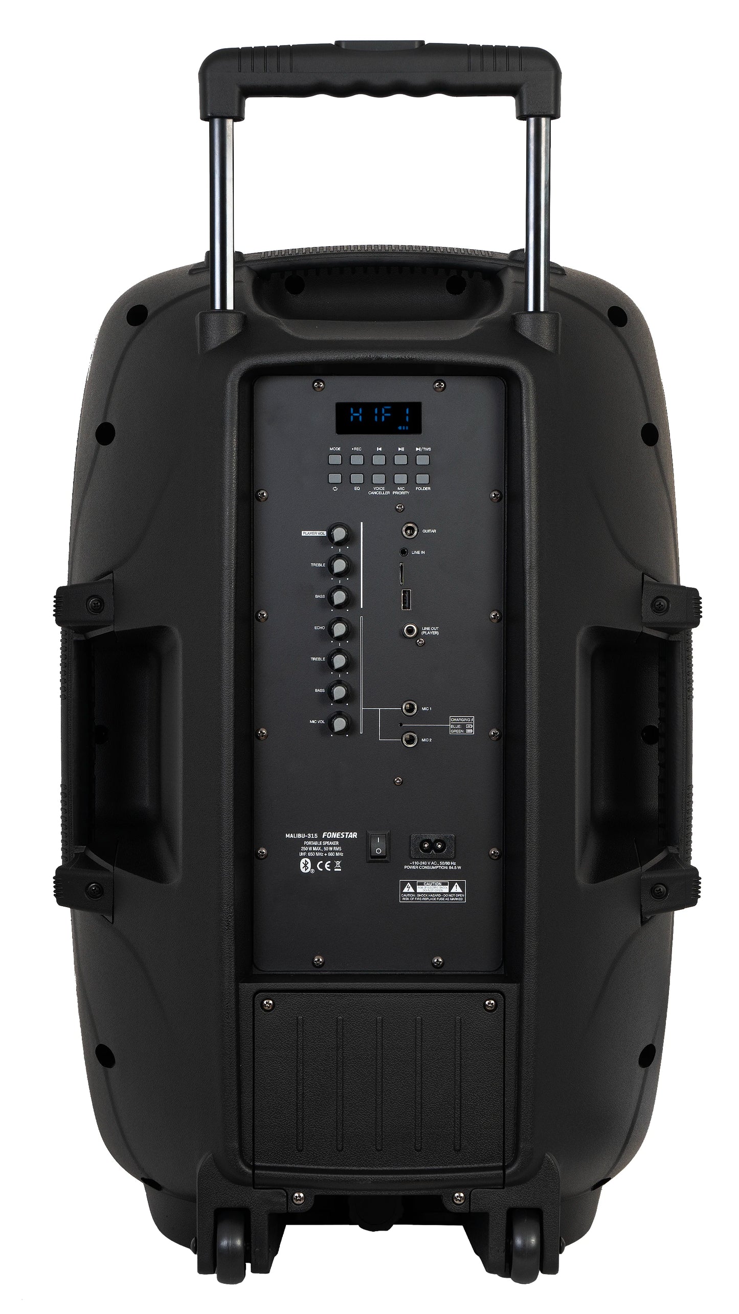 FONESTAR MALIBU-315 15” Portable PA with 2 x UHF Mics (1 HH + 1 HS). Premium Features inc TWS + Voice Cancelle