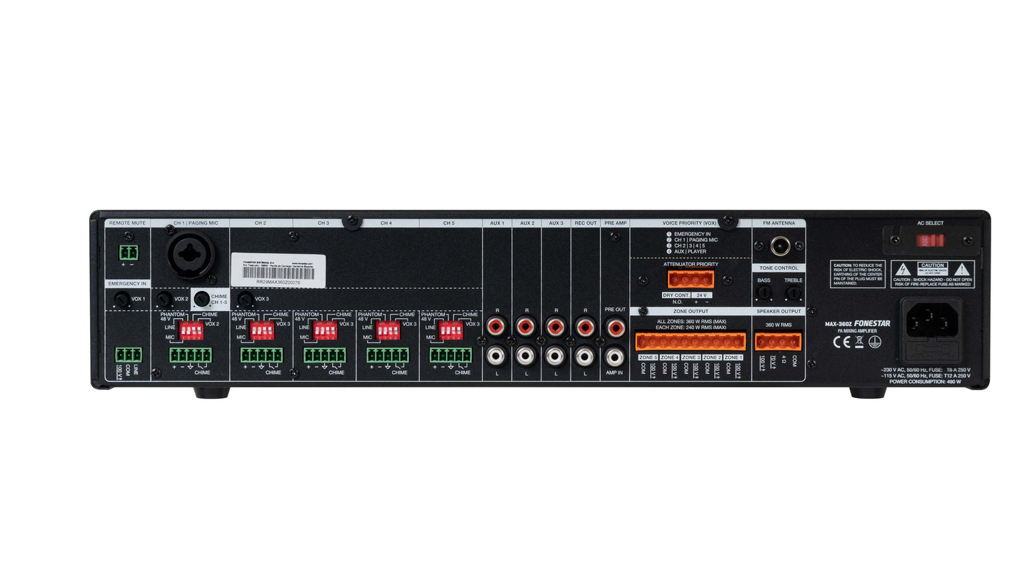 FONESTAR MAX-360Z 360W 5-Zone PA multi-zone amplifier