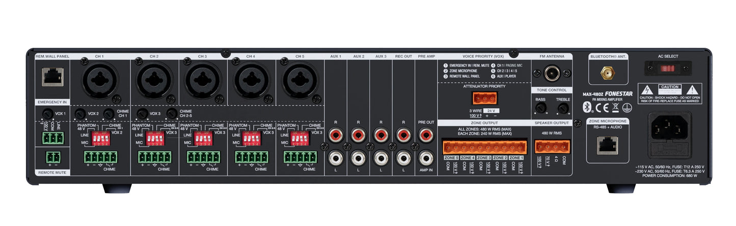 FONESTAR MAX-480Z 480W 5-Zone PA multi-zone amplifier