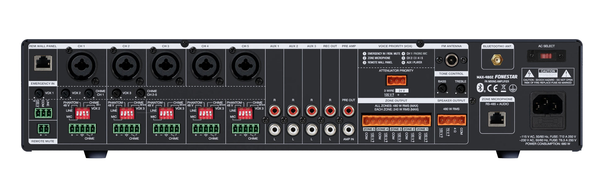 FONESTAR MAX-480Z 480W 5-Zone PA multi-zone amplifier FONESTAR