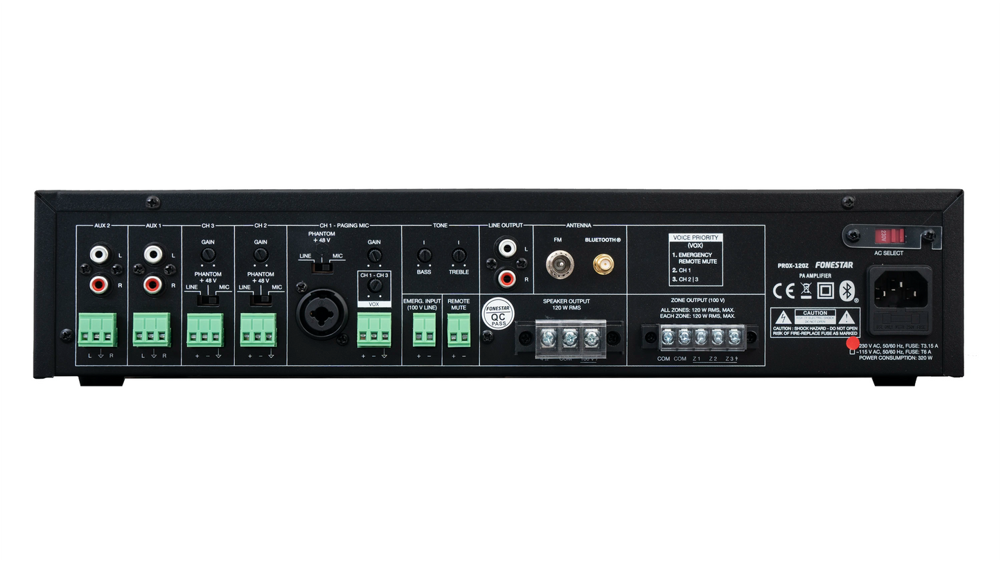 FONESTAR PROX-120Z 3-Zone 120W PA amplifier with Bluetooth®/USB/FM player and speaker zone selector.