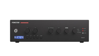 FONESTAR PROX-60Z 2-Zone 60W PA amplifier with Bluetooth®/USB/FM player and speaker zone selector.