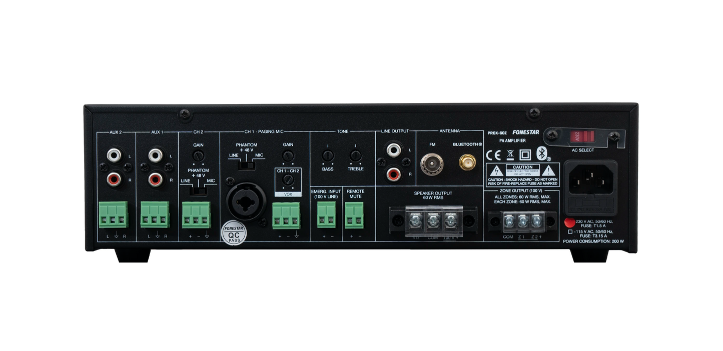 FONESTAR PROX-60Z 2-Zone 60W PA amplifier with Bluetooth®/USB/FM player and speaker zone selector.