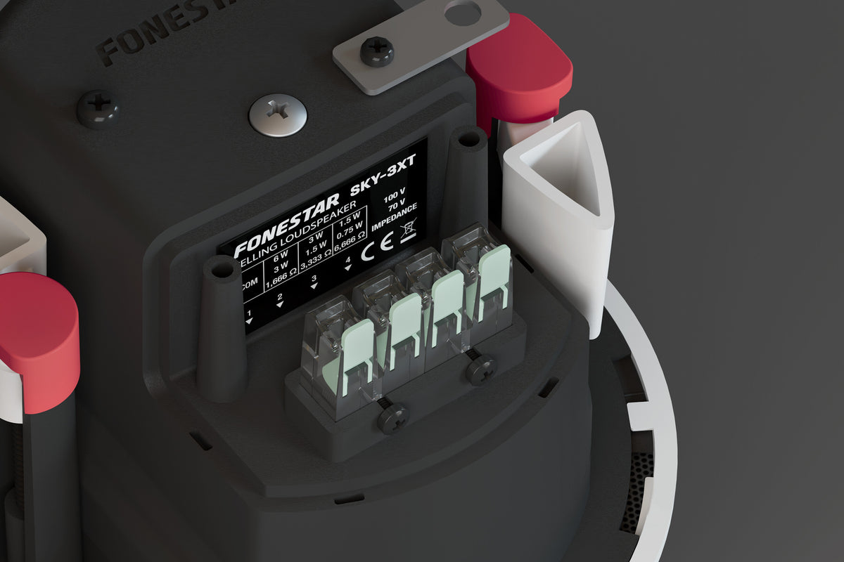 FONESTAR SKY-3XT 3" 6W RMS 100V line ceiling speaker IP66 - connection terminals close-up