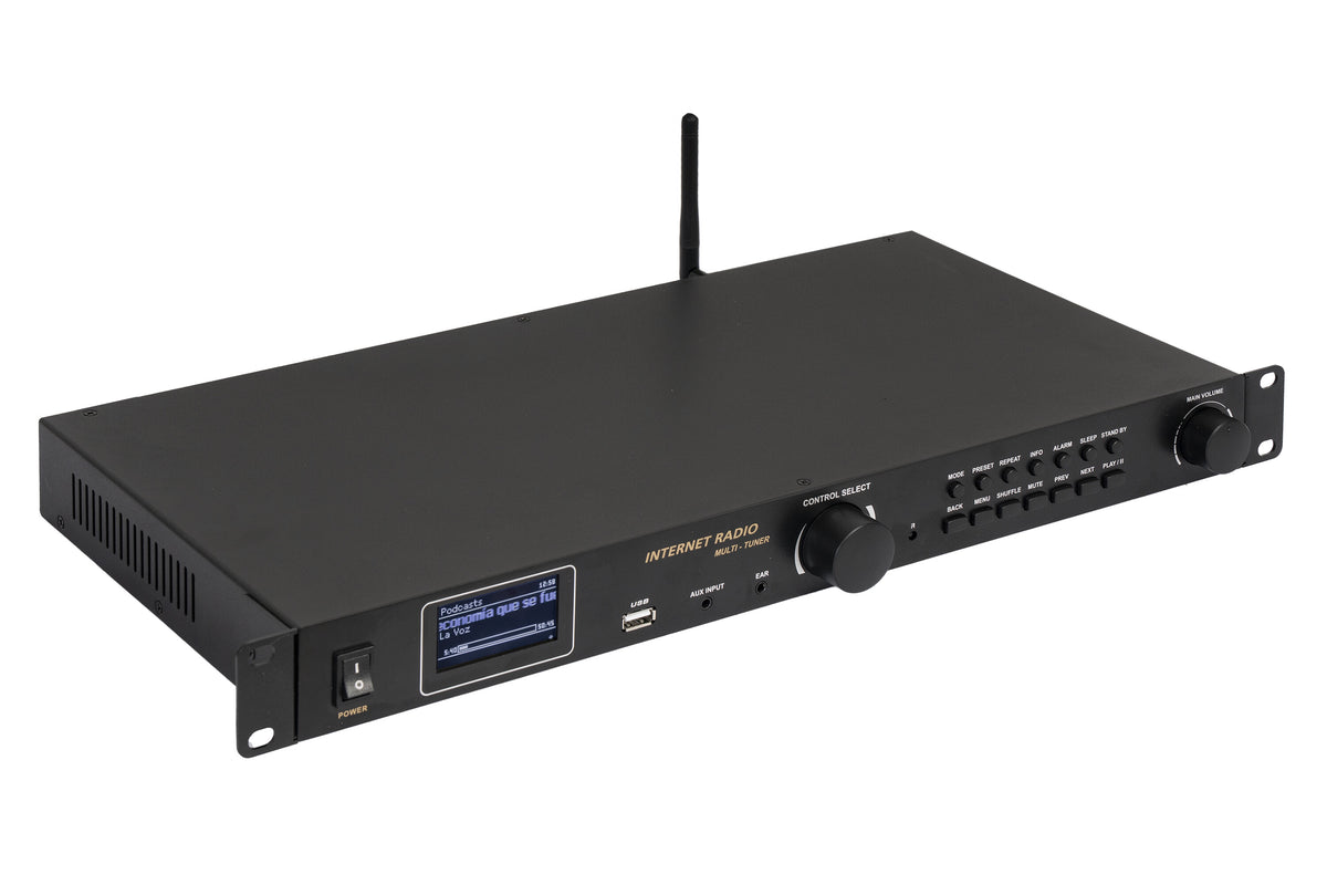FONESTAR TUI-1-RBUA Wireless/USB audio player and radio (FM, internet and DAB/DAB+) - angled front view with Wi-Fi antenna