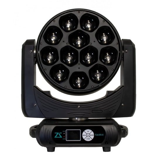 ZZIPP TAURUS moving wash light with motorized type, featuring 12x40w 4-in-1 rgbw osram led source with zoom and pixel control function.