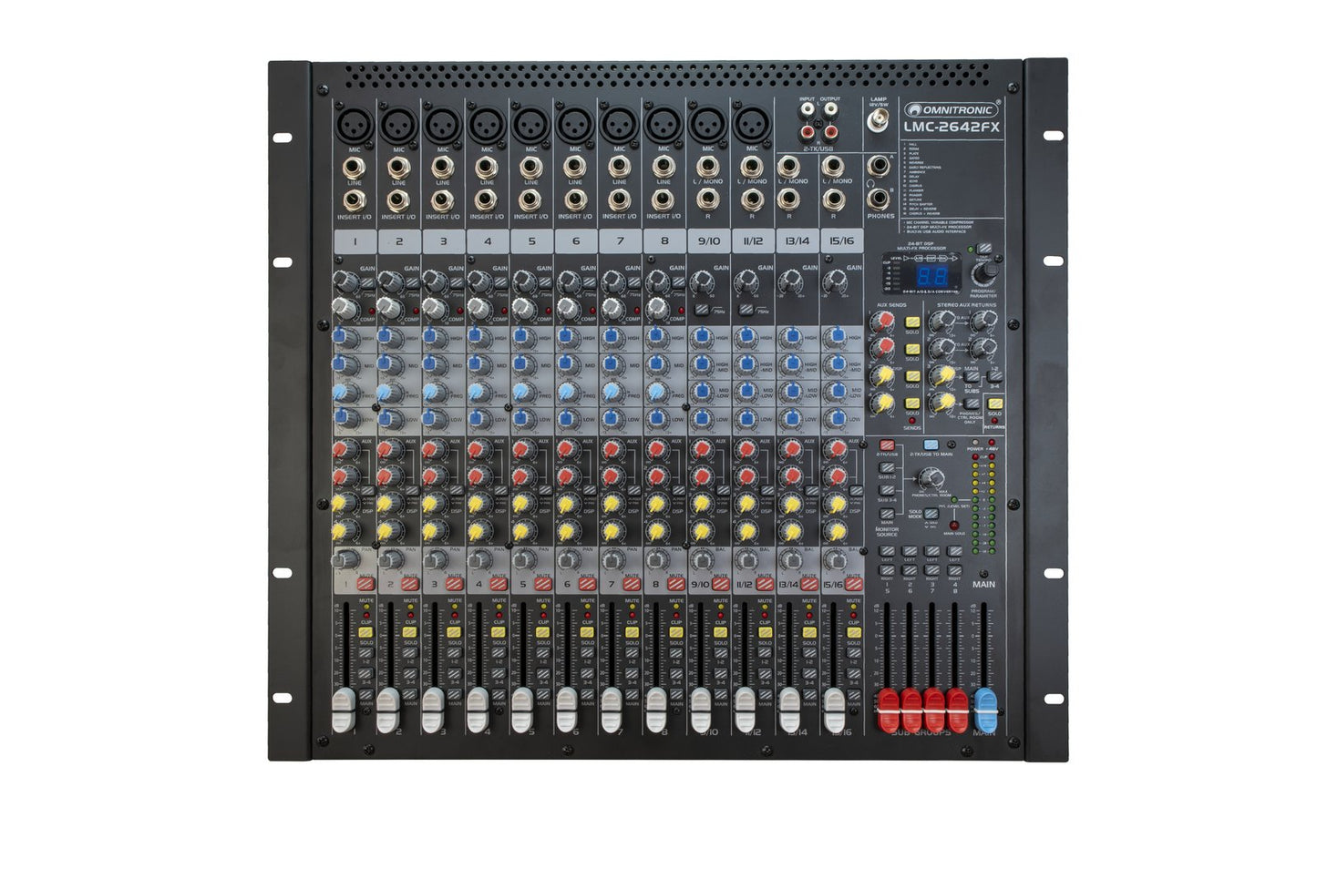 OMNITRONIC OMNITRONIC LMC-2642FX USB PRO audio mixer with British-style EQ, compressor, effect unit and USB interface