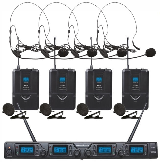 ZZIPP TXZZ642 UHF 4 channel Wireless mic system complete with 4 bodypack transmitters and headset mics