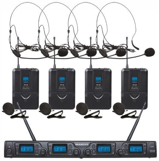 ZZIPP TXZZ642 UHF 4 channel Wireless mic system complete with 4 bodypack transmitters and headset mics
