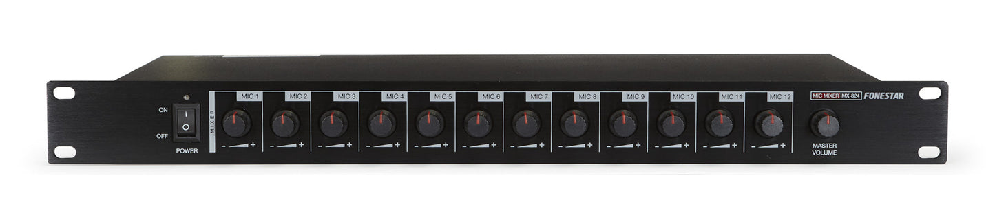 FONESTAR MX-824 1U Rack Mount 12-channel mixer / preamp. Phantom power.