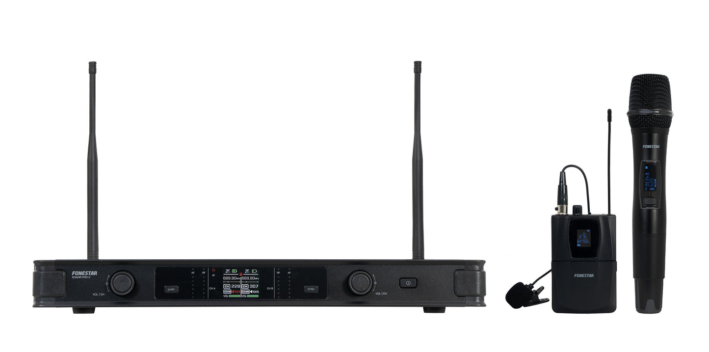 FONESTAR SONAIR-PRO-2MP Dual UHF hand-held wireless and belt-pack microphone, with ID Pilot and Diversity